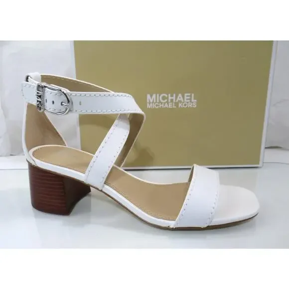 Michael Kors Ashton Mid Crisscross Stacked Block Sandal Leather White Size 9.5 - Picture 1 of 6